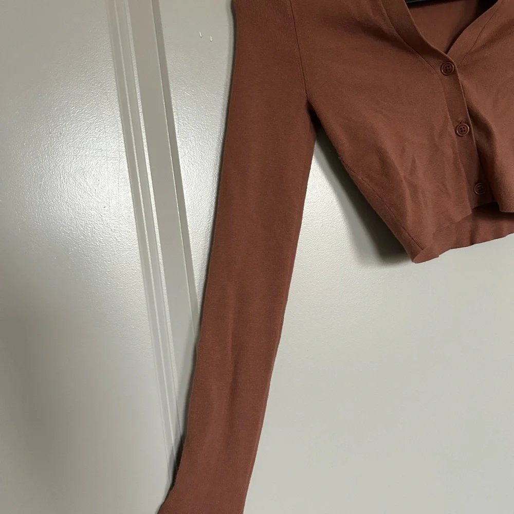 Sunday Best Cropped Long Sleeve Cardigan in Chestnut Brown - Picture 3 of 5